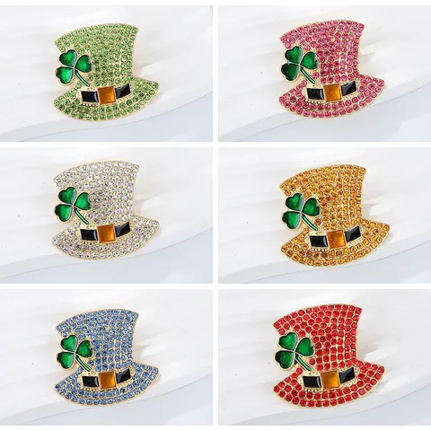 St. Patrick's Day Kleeblatt Hut Brosche Für Damen Zinklegierung Strass Glitzer Emaille Hut Form Pin Festliche Kleidung Zubehör Geschenk