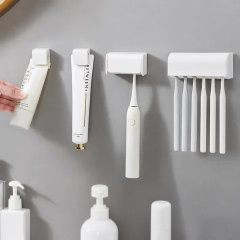 Wall Mounted Toothbrush Holder Toothpaste Dispenser Minimalist ABS Bathroom Storage Rack Organizer Punch Free Home Decor