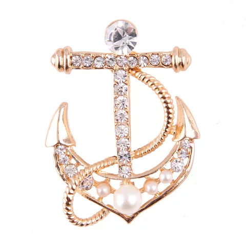 Fashion Alloy Rhinestone Anchor Brooch For Women Artificial Pearl Marine Nautical Brooch Pin Decorative Clothing Corsage Accessory Gift