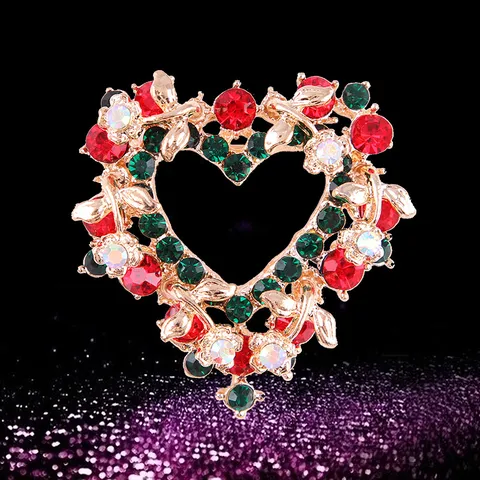 Süße Legierung Strass Weihnachten Herz Brosche Pin Bunte Kristall Hohl Corsage Mode Festival Schmuck Zubehör Für Damen