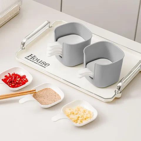 Set di Piatti per Condimenti in Plastica Cucina Piatti per Salsa Impilabili Con Supporto Grigio Bianco