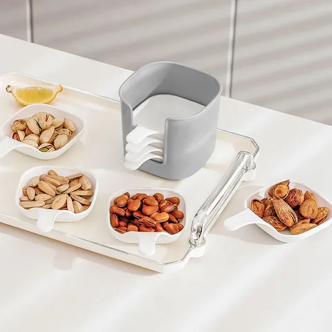 Set di Piatti per Condimenti in Plastica Cucina Piatti per Salsa Impilabili Con Supporto Grigio Bianco