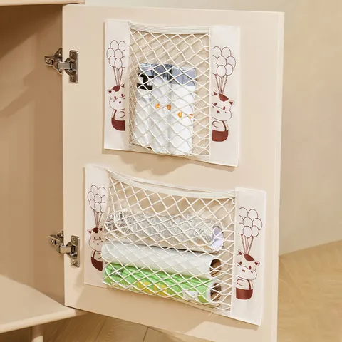 Wall Mounted Hanging Storage Bag Mesh Organizer With Cartoon Cow Print Velcro Pocket For Kitchen Sundries