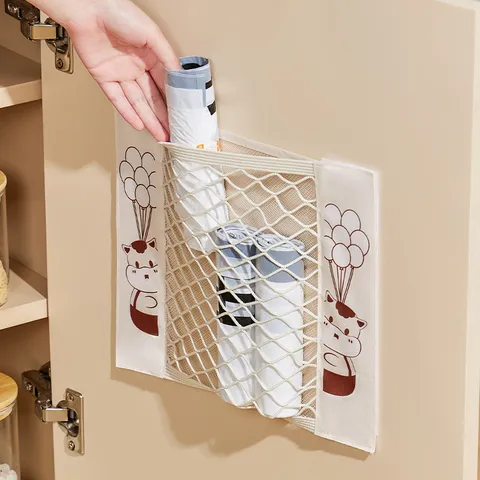 Wall Mounted Hanging Storage Bag Mesh Organizer With Cartoon Cow Print Velcro Pocket For Kitchen Sundries