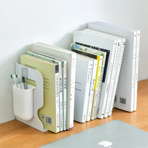 Japanese Minimalist Desktop Bookends Telescopic Bookshelf Organizer PP Plastic Book Holder Stand With Pen Holder