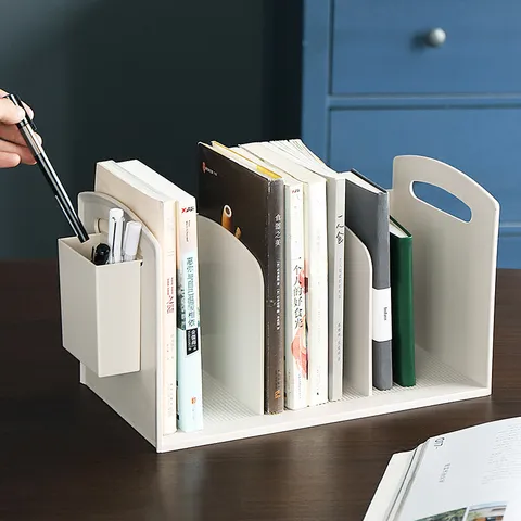 Japanese Style Desktop File Storage Box ABS Plastic Triple Pen Holder Multifunctional Office Bookend Organizer Stand