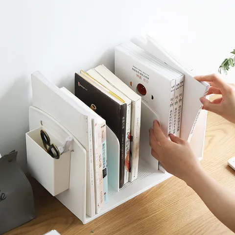 Japanese Style Desktop File Storage Box ABS Plastic Triple Pen Holder Multifunctional Office Bookend Organizer Stand