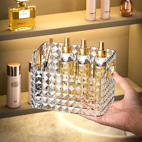 Clear Plastic Diamond Pattern Cosmetic Storage Box Makeup Organizer with Gold Handle for Bathroom Vanity