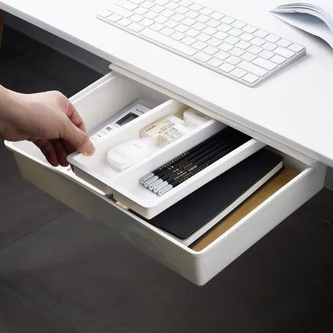 Under Desk Hidden Drawer Storage Box Self Adhesive Plastic Stationery Organizer Office Desk Sundries Storage Container
