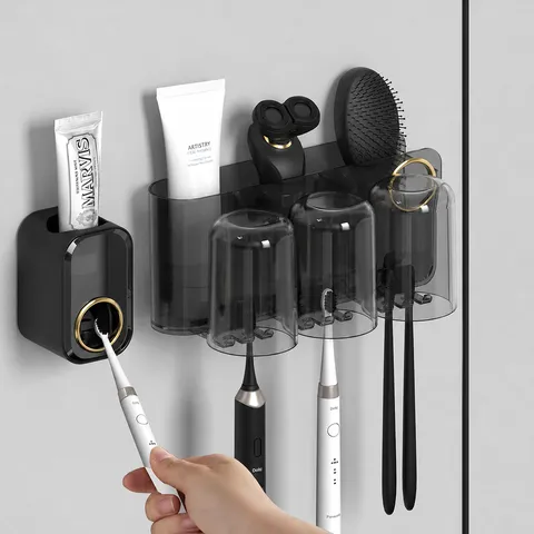 Wall Mounted Toothbrush Holder Set with Automatic Toothpaste Squeezer Magnetic Inverted Mouthwash Cups Bathroom Organizer