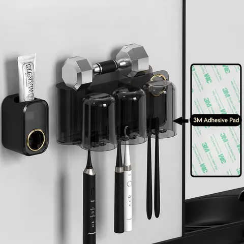 Wall Mounted Toothbrush Holder Set with Automatic Toothpaste Squeezer Magnetic Inverted Mouthwash Cups Bathroom Organizer