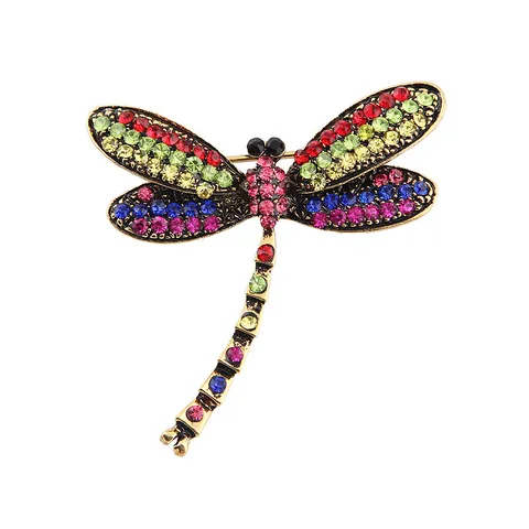 Vintage Colorful Rhinestone Dragonfly Brooch For Women Gold Plated Animal Lapel Pin Cardigan Shawl Buckle Fashion Jewelry