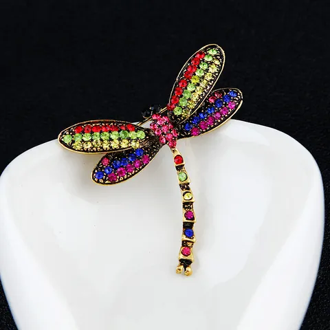 Vintage Colorful Rhinestone Dragonfly Brooch For Women Gold Plated Animal Lapel Pin Cardigan Shawl Buckle Fashion Jewelry