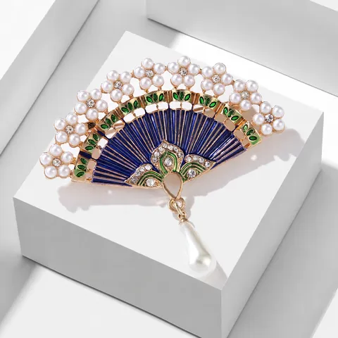Broche de Abanico Estilo Chino Vintage Esmalte Perla Artificial Strass Aleación Colgante Mujer Joyería Retro