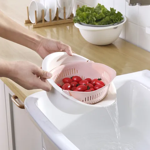 Double Layer Drain Basket Plastic Fruit And Vegetable Washing Basin Kitchen Colander Household Rice Washing Strainer Bowl