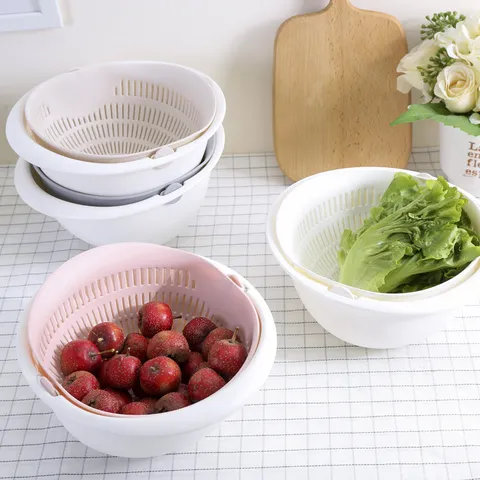 Double Layer Drain Basket Plastic Fruit And Vegetable Washing Basin Kitchen Colander Household Rice Washing Strainer Bowl