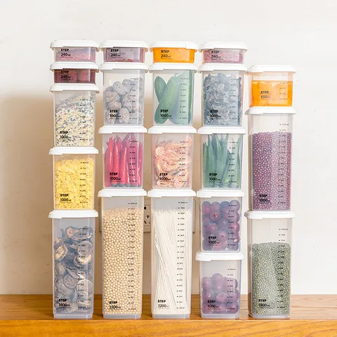 Barattolo di Conservazione per Alimenti in Plastica Trasparente Cucina Contenitore Sigillato Con Scala e Coperchio Scatola Organizer per Cereali