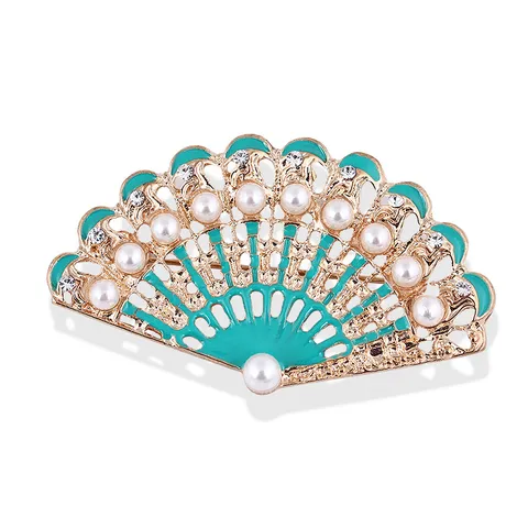 Spilla da Donna a Forma di Ventaglio in Smalto Blu Sarcella in Lega Elegante Vintage con Strass di Alta Qualità e Perle Artificiali Accessori per Cardigan Gioielli