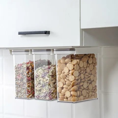 Transparent Plastic Sealed Food Storage Container Clear Square Kitchen Grain Jar With White Lid Stackable Pantry Organizer