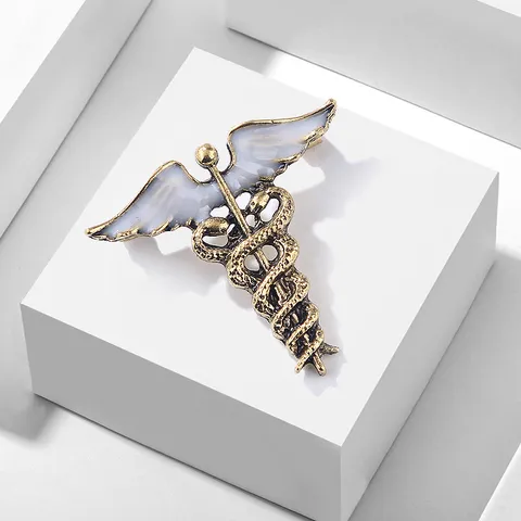 Broche de Aleación Vintage de Serpiente Caduceo y Alas de Ángel Oro Antiguo Esmalte Pin de Solapa para Hombre Mujer Joyería