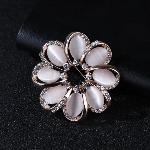 Alloy Artificial Opal Flower Brooch Round Rhinestone Bouquet Lapel Pin For Women Fashion Clothing Dress Accessories
