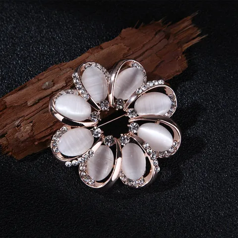 Alloy Artificial Opal Flower Brooch Round Rhinestone Bouquet Lapel Pin For Women Fashion Clothing Dress Accessories