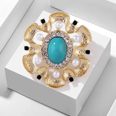 Vintage Baroque Alloy Rhinestone Brooch For Women Palace Court Style Turquoise Faux Gemstone Artificial Pearl Flower Corsage Elegant Decorative Pin