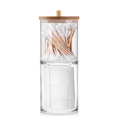 Boîte de Rangement Transparente en Plastique pour Coton-Tiges et Disques Démaquillants avec Couvercle en Bambou Organisateur de Bureau