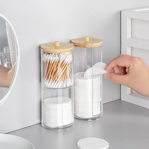 Boîte de Rangement Transparente en Plastique pour Coton-Tiges et Disques Démaquillants avec Couvercle en Bambou Organisateur de Bureau