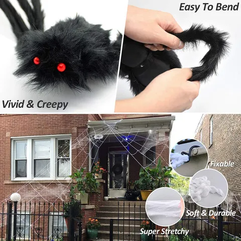 Halloween Decorations Giant Triangular Spider Web With Plush Big Spider Set Scary Outdoor Yard Party Haunted House Props Decor