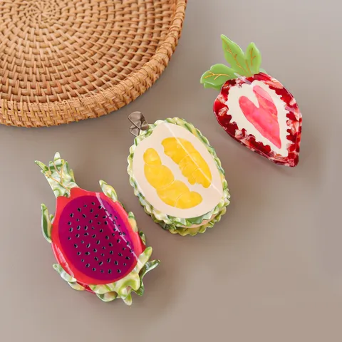 Cute Acetate Fruit Hair Claw Clip Colorful Strawberry Dragon Fruit Durian Shaped Shark Jaw Hairpin For Women Daily Updo