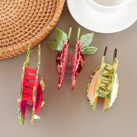Cute Acetate Fruit Hair Claw Clip Colorful Strawberry Dragon Fruit Durian Shaped Shark Jaw Hairpin For Women Daily Updo