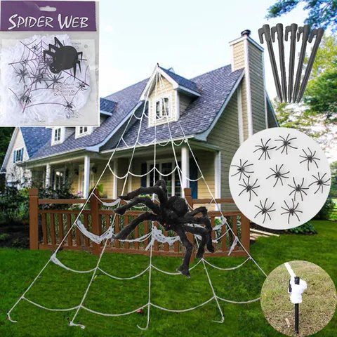 Halloween Spider Web Triangle Net Haunted House Outdoor Party Decor Giant Simulation Plush Furry Black Spider Prop Set