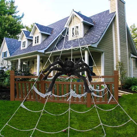 Halloween Giant Plush Spider Prop Voice Activated Glowing Vibrating Scary Spider Decoration With Large White Spider Web