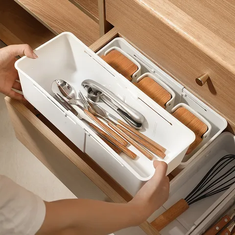 Adjustable Drawer Storage Box Plastic Telescopic Partition Organizer Kitchen Tableware Stationery Sundries Storage Bin