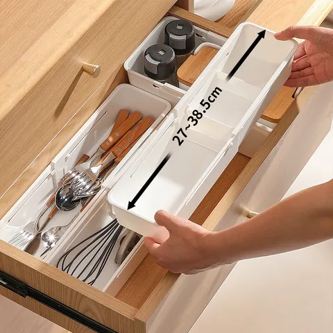 Adjustable Drawer Storage Box Plastic Telescopic Partition Organizer Kitchen Tableware Stationery Sundries Storage Bin