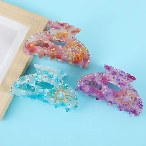 Pinza de Cangrejo de Acetato con Strass de Diseño de Nicho Patrón de Sol Dorado Gradiente de Mármol Elegante Pinza Grande para Mujer