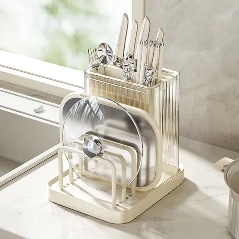 Multi-Functional Kitchen Knife Storage Rack Plastic Cutting Board And Pot Lid Organizer Stand For Home Countertop