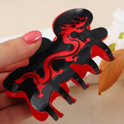 Drachenjahr Rot Schwarz Acetat Haarklammer Neujahrsdekoration Chinesischer Drache Hai-Clip Für Damen Trendiger Haarschmuck