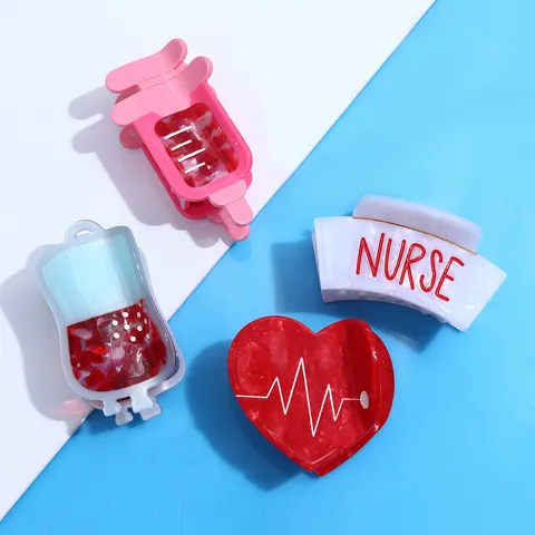 Creative Acetate Medical Nurse Theme Hair Claw Syringe Infusion Bag Nurse Hat Bowknot Tortoiseshell Hair Clips SPU For Women Updo Up