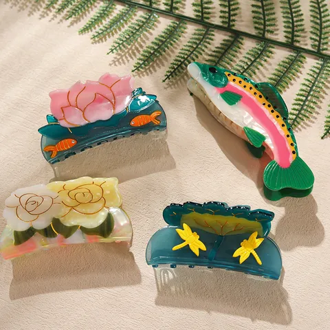 Mode Celluloseacetat Haarklammer Kreative Libelle Blume Lotusblatt Goldfisch Motive Shark Clip Für Damen Haarstyling Zubehör