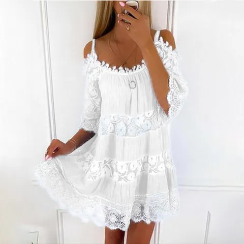 Women Princess Style Off Shoulder Lace Suspender Dress Casual Solid Color Loose Tiered Midi Dress Party Wear