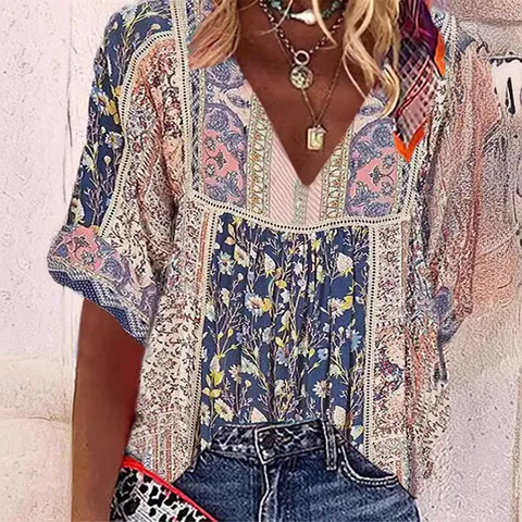Camicetta Casual Larga Scollo V Manica Corta Stampa Estate Moda Misto Poliestere Top