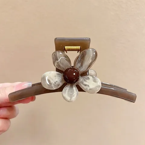 Koreanischer Stil Verschmiertes Teebraun Blume Haarklammer Elegant Groß Polycarbonat Marmor Haarschmuck Hai Clip Für Dickes Haar Täglich Damen Schmuck