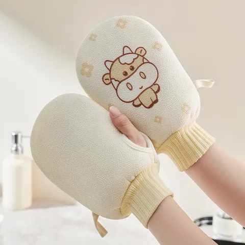 Double-Sided Bath Scrubbing Gloves Exfoliating Bath Mitts Cartoon Cow Print Soft Terry Cloth Elastic Cuff Bathing Body Cleaning Tool For Women Home