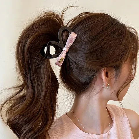 Elegant Pink Bow Hair Claw Large Shark Clip For Women Velvet Ribbon Hair Clamp Fashion Korean Style Hair Accessory