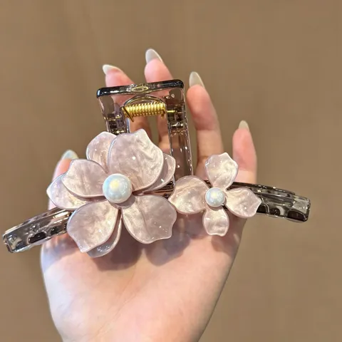 Pinza de Garra para el Cabello con Flor Rosa Clip Grande Elegante de Resina con Patrón de Flores Antideslizante Sujeción Fuerte para Mujer Accesorios