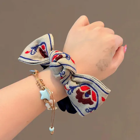 Chouchou à Nœud à Motif Ethnique Bleu Marine pour Femmes Élastique à Cheveux en Tissu Brodé Rétro Fait à la Main Accessoires Cheveux