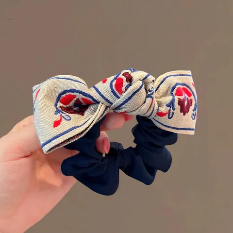 Chouchou à Nœud à Motif Ethnique Bleu Marine pour Femmes Élastique à Cheveux en Tissu Brodé Rétro Fait à la Main Accessoires Cheveux