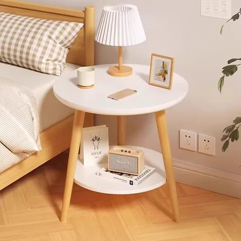 Modern Minimalist Wooden Bedside Small Round Table Double Layer Storage Side Table Living Room Bedroom Furniture